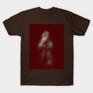 Strange beautiful woman with long bright hair. Step from darkness. Red, dark. T-Shirt